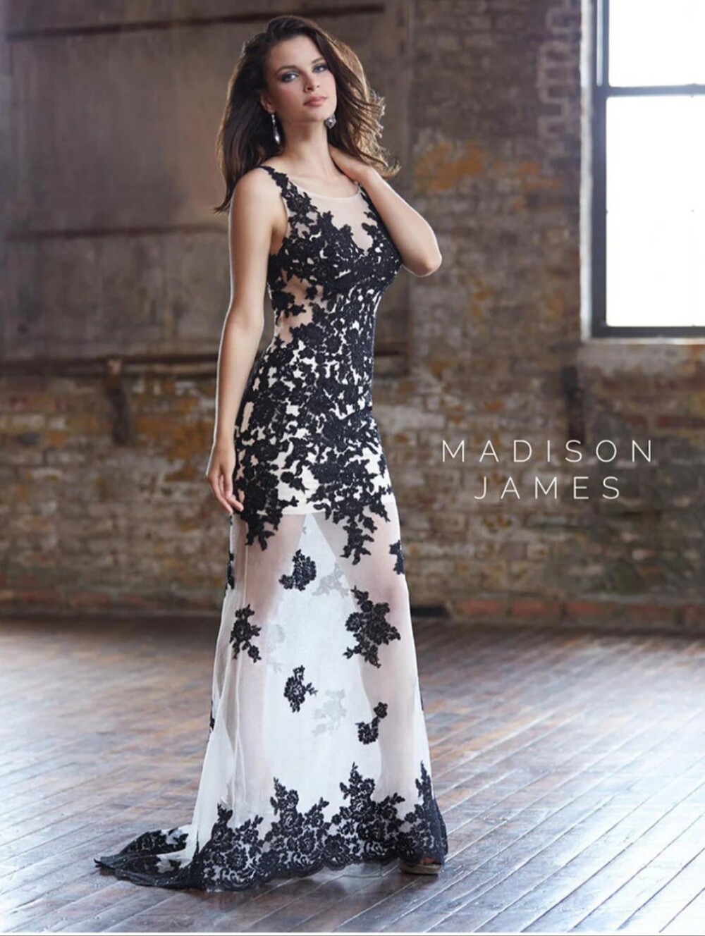 Madison James Black and Nude Floral Lace Illusion Mermaid Gown - Picture 2 of 10
